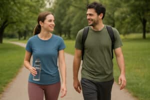 Man and woman walking on nature path