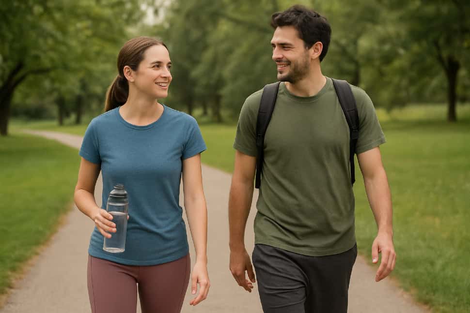 Man and woman walking on nature path
