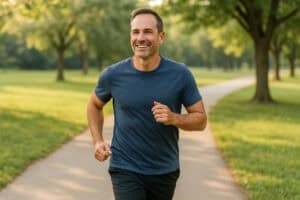Man enjoying a run outside on nature path